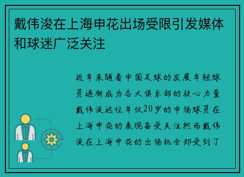 戴伟浚在上海申花出场受限引发媒体和球迷广泛关注 戴伟浚在上海申花出场受限引发媒体和球迷广泛关注